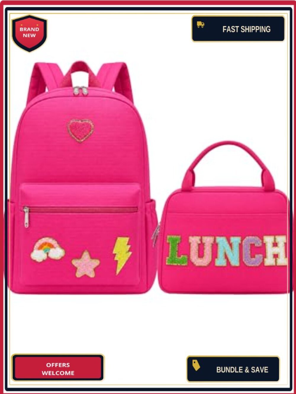 Girls Backpack & Lunch Bag Set with Chenille Patch, Oxford Material, Preppy